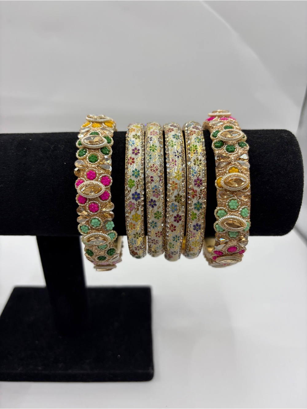 Gold-tone Enamel Multicolor Floral Crystal Bangle Set for Women